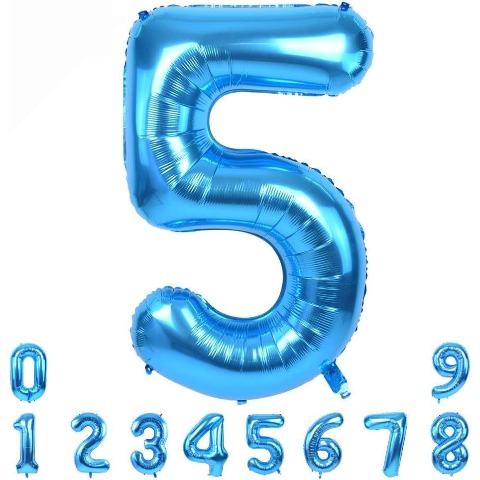 Balon din Folie Metalizata, Klevo, Figurina Cifra, Tema Aniversare 100 cm, Ambalaj Individual, Pai inclus, Umflare cu Aer sau Heliu, Albastru, Cifra 5