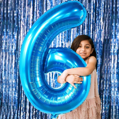 Balon din Folie Metalizata Klevo, Figurina Cifra, Tema Aniversare 100 cm, Ambalaj Individual, Pai inclus, Umflare cu Aer sau Heliu, Albastru, Cifra 6