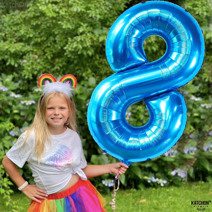 Balon din Folie Metalizata, Klevo, Figurina Cifra, Tema Aniversare 100 cm, Ambalaj Individual, Pai inclus, Umflare cu Aer sau Heliu, Albastru, Cifra 8