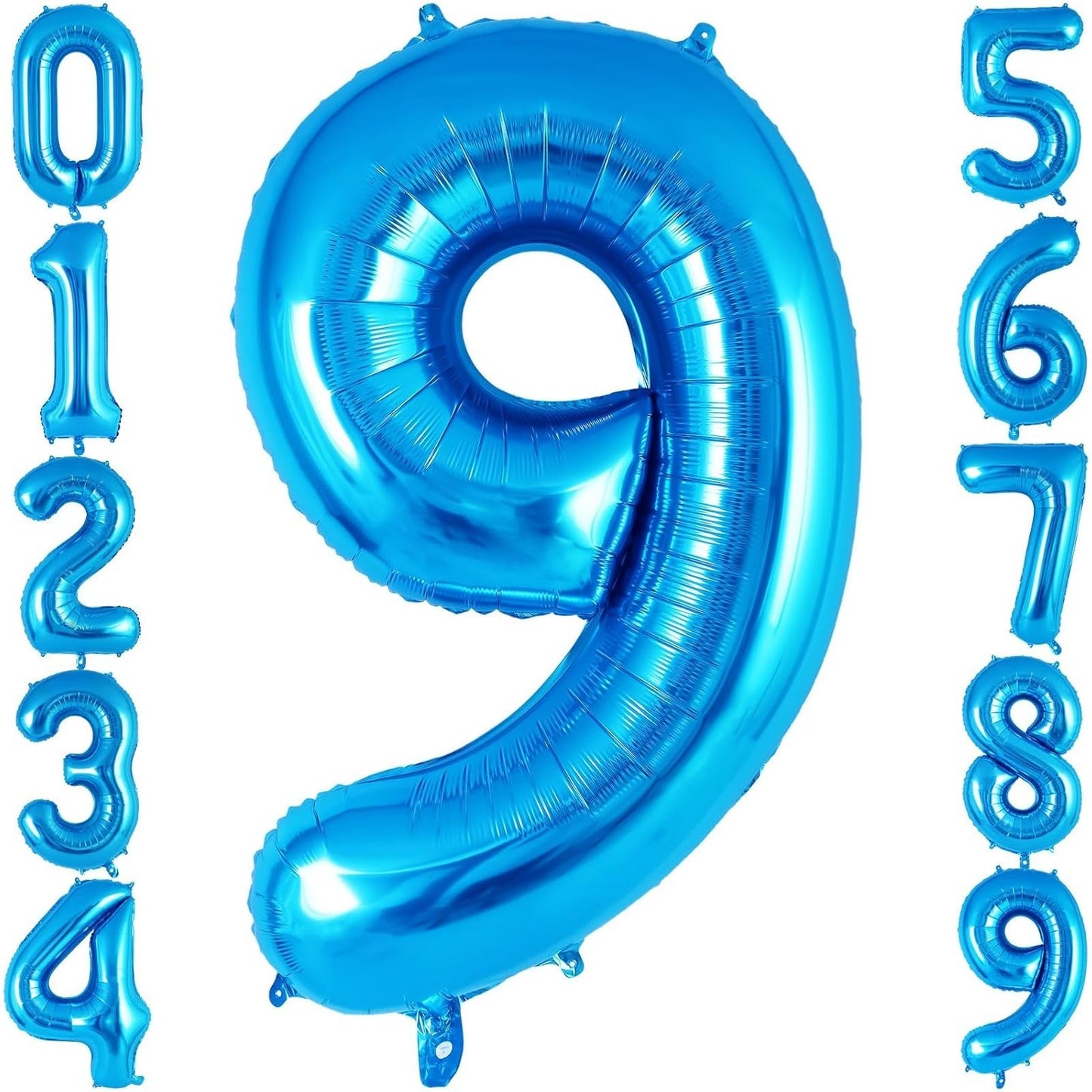 Balon din Folie Metalizata, Klevo, Figurina Cifra, Tema Aniversare 100 cm, Ambalaj Individual, Pai inclus, Umflare cu Aer sau Heliu, Albastru, Cifra 9