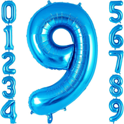 Balon din Folie Metalizata, Klevo, Figurina Cifra, Tema Aniversare 100 cm, Ambalaj Individual, Pai inclus, Umflare cu Aer sau Heliu, Albastru, Cifra 9