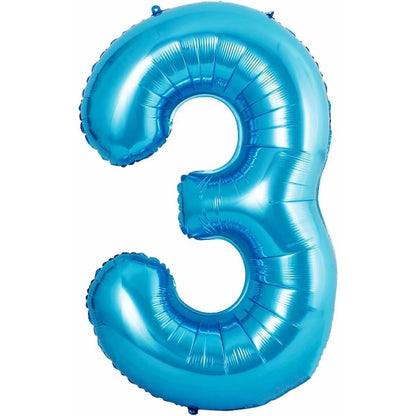 Balon din Folie Metalizata Klevo, Figurina Cifra si Coroana, Tema Aniversare 100 cm, Ambalaj Individual, Pai inclus, Umflare cu Aer sau Heliu, Albastru, Cifra 3