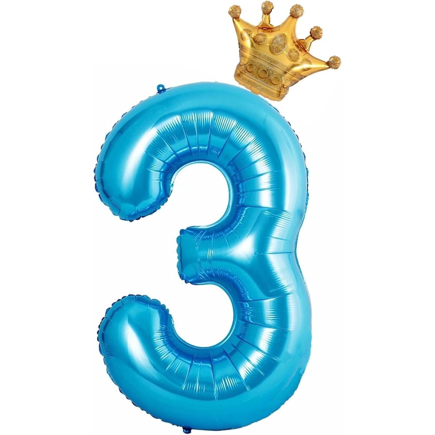 Balon din Folie Metalizata Klevo, Figurina Cifra si Coroana, Tema Aniversare 100 cm, Ambalaj Individual, Pai inclus, Umflare cu Aer sau Heliu, Albastru, Cifra 3