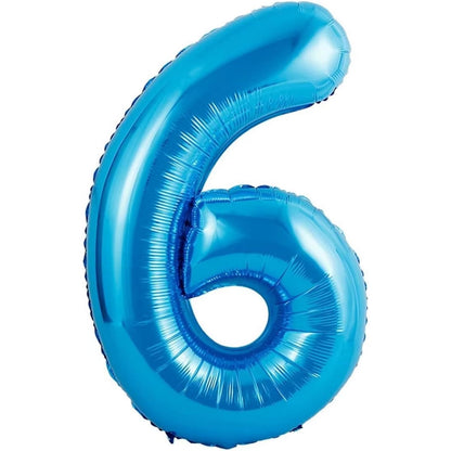 Balon din Folie Metalizata Klevo, Figurina Cifra si Coroana, Tema Aniversare 100 cm, Ambalaj Individual, Pai inclus, Umflare cu Aer sau Heliu, Albastru, Cifra 6