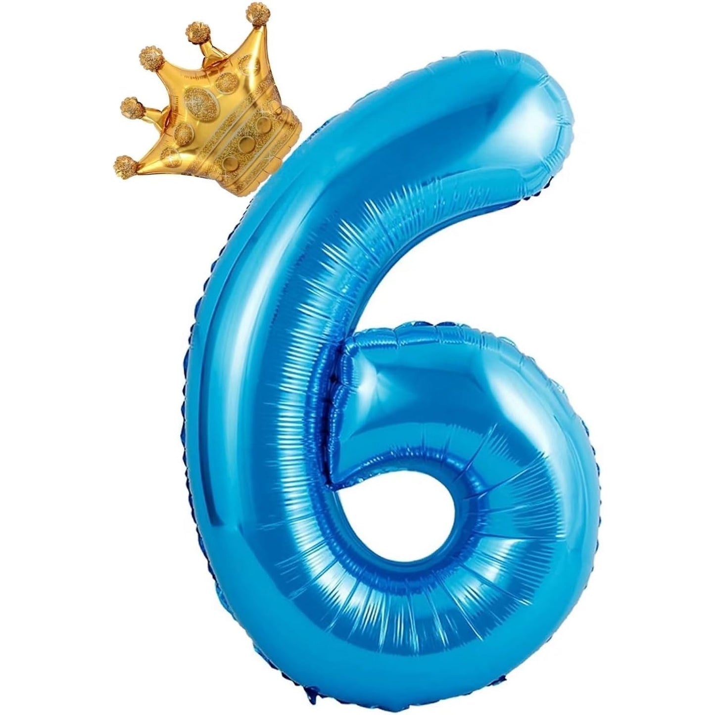 Balon din Folie Metalizata Klevo, Figurina Cifra si Coroana, Tema Aniversare 100 cm, Ambalaj Individual, Pai inclus, Umflare cu Aer sau Heliu, Albastru, Cifra 6