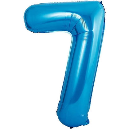 Balon din Folie Metalizata Klevo, Figurina Cifra si Coroana, Tema Aniversare 100 cm, Ambalaj Individual, Pai inclus, Umflare cu Aer sau Heliu, Albastru, Cifra 7