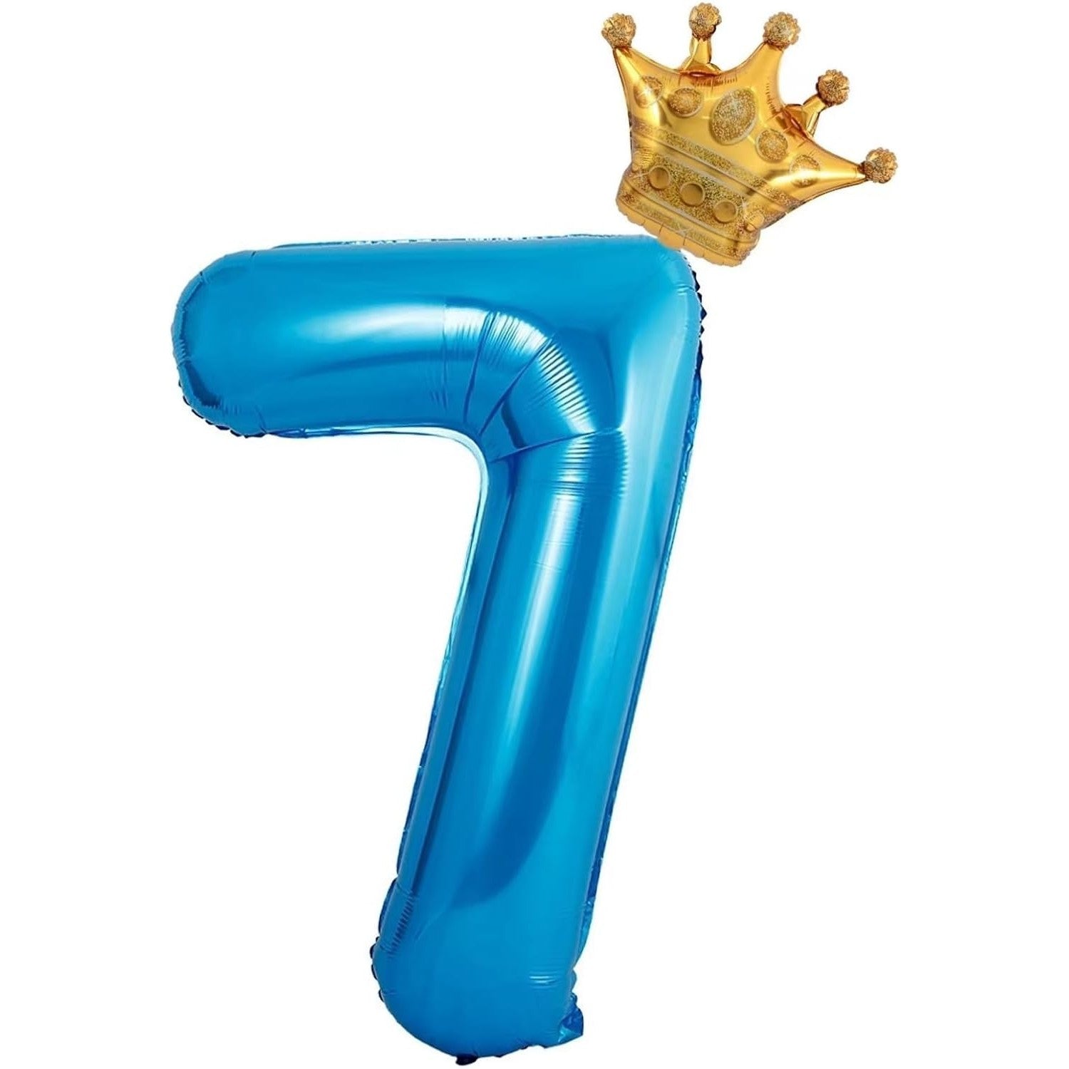 Balon din Folie Metalizata Klevo, Figurina Cifra si Coroana, Tema Aniversare 100 cm, Ambalaj Individual, Pai inclus, Umflare cu Aer sau Heliu, Albastru, Cifra 7