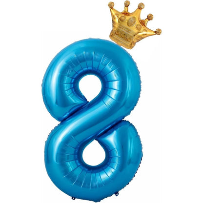 Balon din Folie Metalizata Klevo, Figurina Cifra si Coroana, Tema Aniversare 100 cm, Ambalaj Individual, Pai inclus, Umflare cu Aer sau Heliu, Albastru, Cifra 8