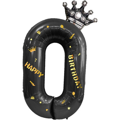 Balon din Folie Metalizata Klevo, Figurina Cifra si Coroana, Scris Happy Birthday, Tema Aniversare 100 cm, Ambalaj Individual, Pai inclus, Umflare cu Aer sau Heliu, Negru, Cifra 0