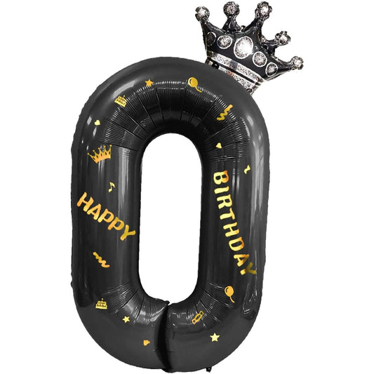 Balon din Folie Metalizata Klevo, Figurina Cifra si Coroana, Scris Happy Birthday, Tema Aniversare 100 cm, Ambalaj Individual, Pai inclus, Umflare cu Aer sau Heliu, Negru, Cifra 0