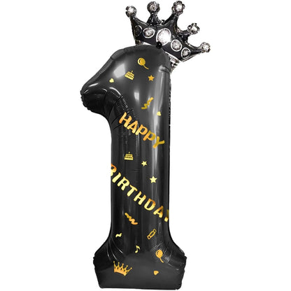 Balon din Folie Metalizata Klevo, Figurina Cifra si Coroana, Scris Happy Birthday, Tema Aniversare 100 cm, Ambalaj Individual, Pai inclus, Umflare cu Aer sau Heliu, Negru, Cifra 1