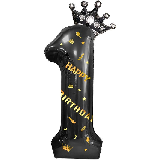 Balon din Folie Metalizata Klevo, Figurina Cifra si Coroana, Scris Happy Birthday, Tema Aniversare 100 cm, Ambalaj Individual, Pai inclus, Umflare cu Aer sau Heliu, Negru, Cifra 1