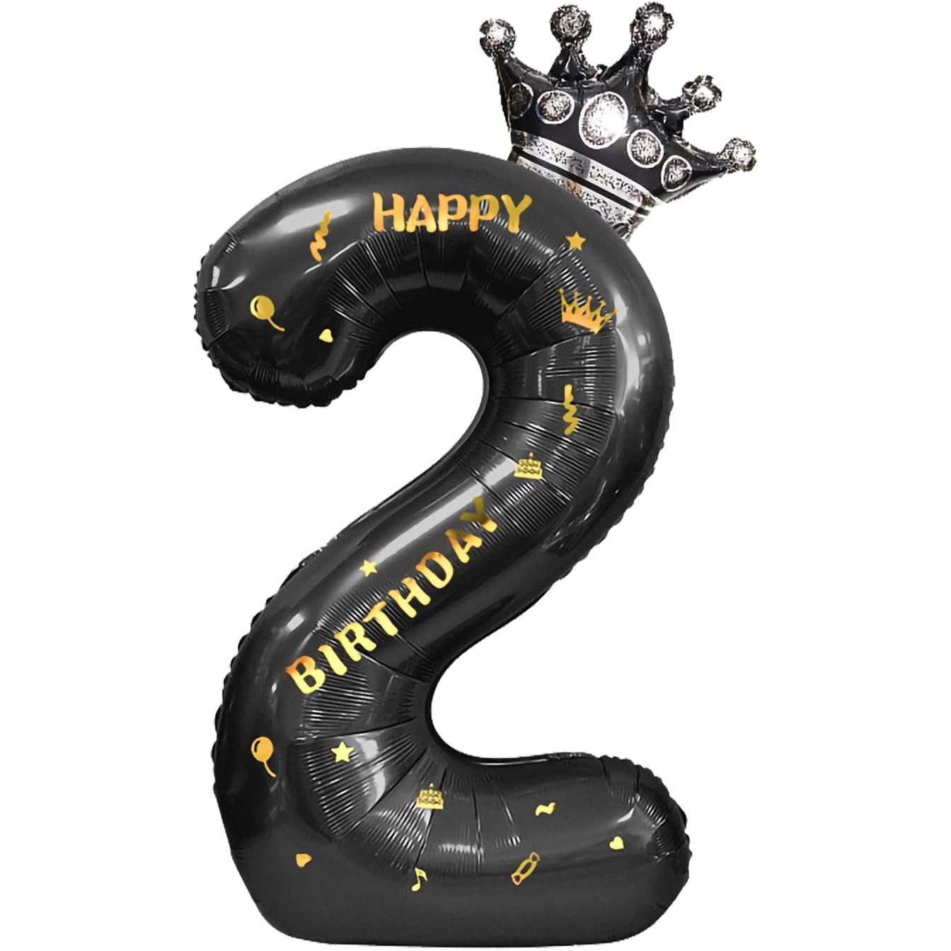 Balon din Folie Metalizata Klevo, Figurina Cifra si Coroana, Scris Happy Birthday, Tema Aniversare 100 cm, Ambalaj Individual, Pai inclus, Umflare cu Aer sau Heliu, Negru, Cifra 2