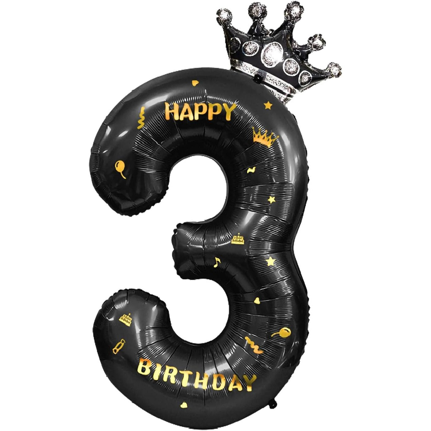 Balon din Folie Metalizata Klevo, Figurina Cifra si Coroana, Scris Happy Birthday, Tema Aniversare 100 cm, Ambalaj Individual, Pai inclus, Umflare cu Aer sau Heliu, Negru, Cifra 3