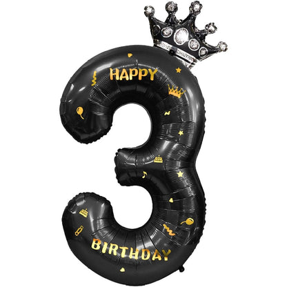 Balon din Folie Metalizata Klevo, Figurina Cifra si Coroana, Scris Happy Birthday, Tema Aniversare 100 cm, Ambalaj Individual, Pai inclus, Umflare cu Aer sau Heliu, Negru, Cifra 3