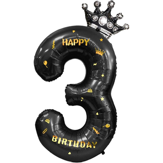 Balon din Folie Metalizata Klevo, Figurina Cifra si Coroana, Scris Happy Birthday, Tema Aniversare 100 cm, Ambalaj Individual, Pai inclus, Umflare cu Aer sau Heliu, Negru, Cifra 3