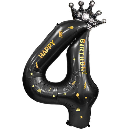 Balon din Folie Metalizata Klevo, Figurina Cifra si Coroana, Scris Happy Birthday, Tema Aniversare 100 cm, Ambalaj Individual, Pai inclus, Umflare cu Aer sau Heliu, Negru, Cifra 4