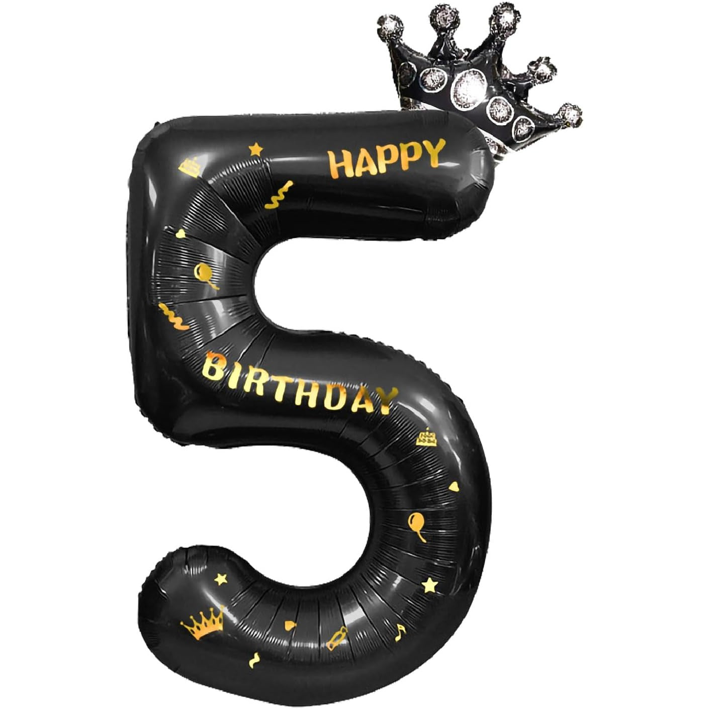 Balon din Folie Metalizata Klevo, Figurina Cifra si Coroana, Scris Happy Birthday, Tema Aniversare 100 cm, Ambalaj Individual, Pai inclus, Umflare cu Aer sau Heliu, Negru, Cifra 5