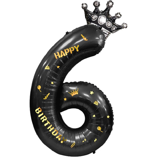 Balon din Folie Metalizata Klevo, Figurina Cifra si Coroana, Scris Happy Birthday, Tema Aniversare 100 cm, Ambalaj Individual, Pai inclus, Umflare cu Aer sau Heliu, Negru, Cifra 6