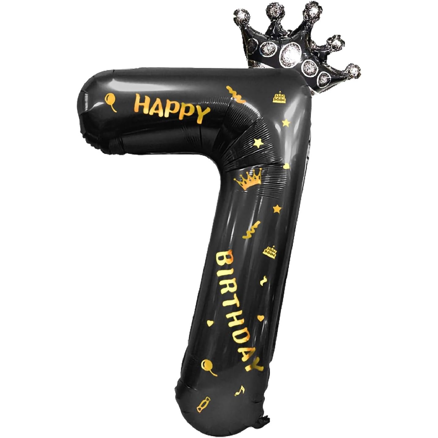 Balon din Folie Metalizata Klevo, Figurina Cifra si Coroana, Scris Happy Birthday, Tema Aniversare 100 cm, Ambalaj Individual, Pai inclus, Umflare cu Aer sau Heliu, Negru, Cifra 7