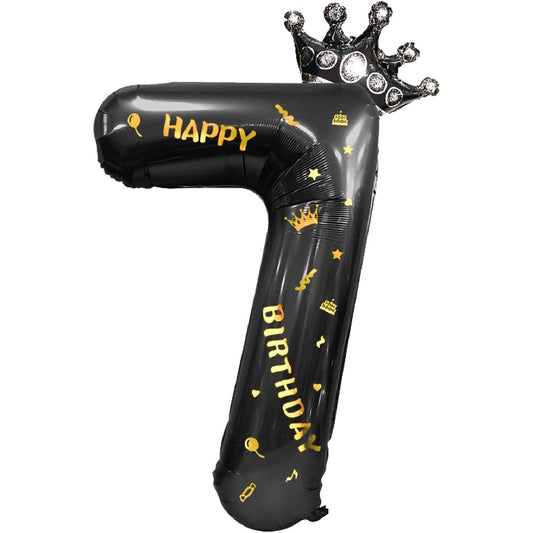Balon din Folie Metalizata Klevo, Figurina Cifra si Coroana, Scris Happy Birthday, Tema Aniversare 100 cm, Ambalaj Individual, Pai inclus, Umflare cu Aer sau Heliu, Negru, Cifra 7