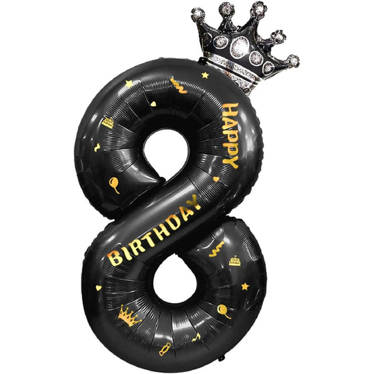 Balon din Folie Metalizata Klevo, Figurina Cifra si Coroana, Scris Happy Birthday, Tema Aniversare 100 cm, Ambalaj Individual, Pai inclus, Umflare cu Aer sau Heliu, Negru, Cifra 8