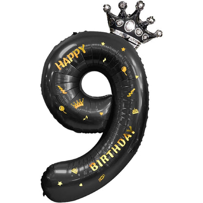 Balon din Folie Metalizata Klevo, Figurina Cifra si Coroana, Scris Happy Birthday, Tema Aniversare 100 cm, Ambalaj Individual, Pai inclus, Umflare cu Aer sau Heliu, Negru, Cifra 9