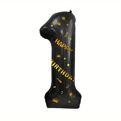 Balon din Folie Metalizata Klevo, Figurina Cifra, Scris Happy Birthday, Tema Aniversare 100 cm, Ambalaj Individual, Pai inclus, Umflare cu Aer sau Heliu, Negru, Cifra 1