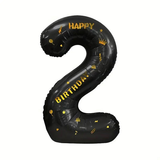 Balon din Folie Metalizata Klevo, Figurina Cifra, Scris Happy Birthday, Tema Aniversare 100 cm, Ambalaj Individual, Pai inclus, Umflare cu Aer sau Heliu, Negru, Cifra 2
