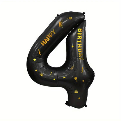 Balon din Folie Metalizata Klevo, Figurina Cifra, Scris Happy Birthday, Tema Aniversare 100 cm, Ambalaj Individual, Pai inclus, Umflare cu Aer sau Heliu, Negru, Cifra 4