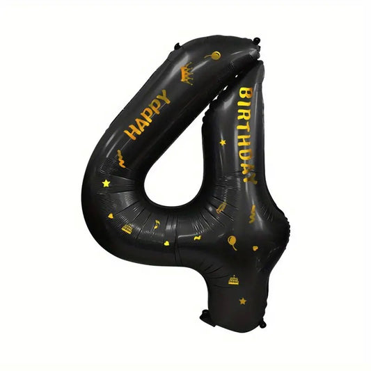 Balon din Folie Metalizata Klevo, Figurina Cifra, Scris Happy Birthday, Tema Aniversare 100 cm, Ambalaj Individual, Pai inclus, Umflare cu Aer sau Heliu, Negru, Cifra 4