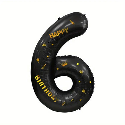 Balon din Folie Metalizata Klevo, Figurina Cifra, Scris Happy Birthday, Tema Aniversare 100 cm, Ambalaj Individual, Pai inclus, Umflare cu Aer sau Heliu, Negru, Cifra 6