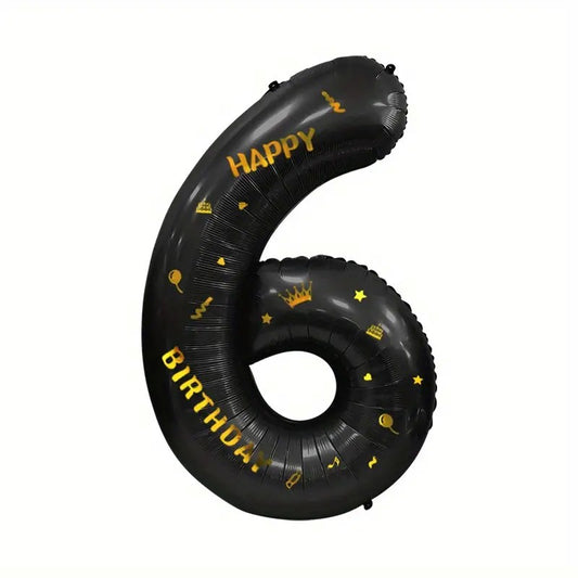 Balon din Folie Metalizata Klevo, Figurina Cifra, Scris Happy Birthday, Tema Aniversare 100 cm, Ambalaj Individual, Pai inclus, Umflare cu Aer sau Heliu, Negru, Cifra 6