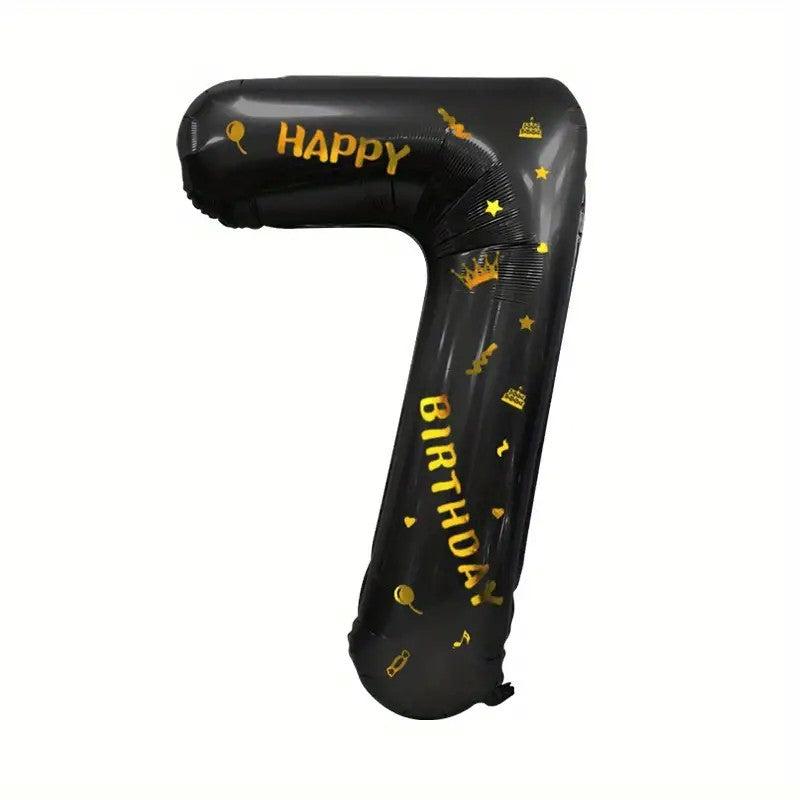 Balon din Folie Metalizata Klevo, Figurina Cifra, Scris Happy Birthday, Tema Aniversare 100 cm, Ambalaj Individual, Pai inclus, Umflare cu Aer sau Heliu, Negru, Cifra 7