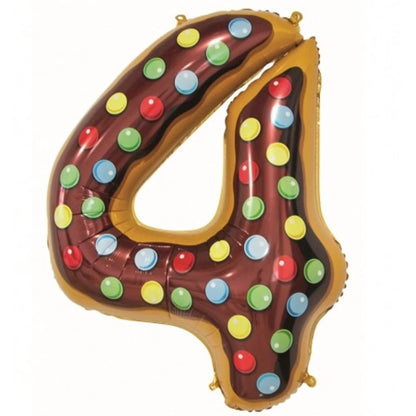 Balon din Folie Metalizata Klevo, Figurina Cifra, Imprimeu Gogosi, Tema Aniversare 100 cm, Ambalaj Individual, Pai inclus, Umflare cu Aer sau Heliu, Multicolor, Cifra 4