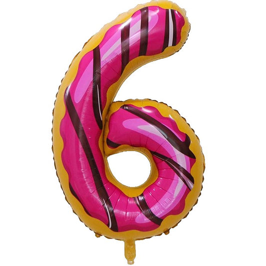 Balon din Folie Metalizata Klevo, Figurina Cifra, Imprimeu Gogosi, Tema Aniversare 100 cm, Ambalaj Individual, Pai inclus, Umflare cu Aer sau Heliu, Multicolor, Cifra 6