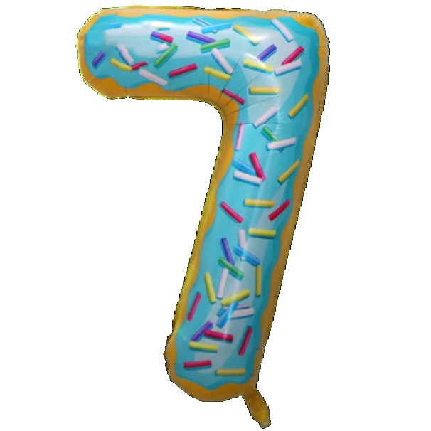 Balon din Folie Metalizata Klevo, Figurina Cifra, Imprimeu Gogosi, Tema Aniversare 100 cm, Ambalaj Individual, Pai inclus, Umflare cu Aer sau Heliu, Multicolor, Cifra 7