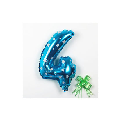 Balon din Folie Metalizata Klevo, Figurina Cifra, Imprimeu Stele, Tema Aniversare 80 cm, Ambalaj Individual, Pai inclus, Umflare cu Aer sau Heliu, Albastru, Cifra 4