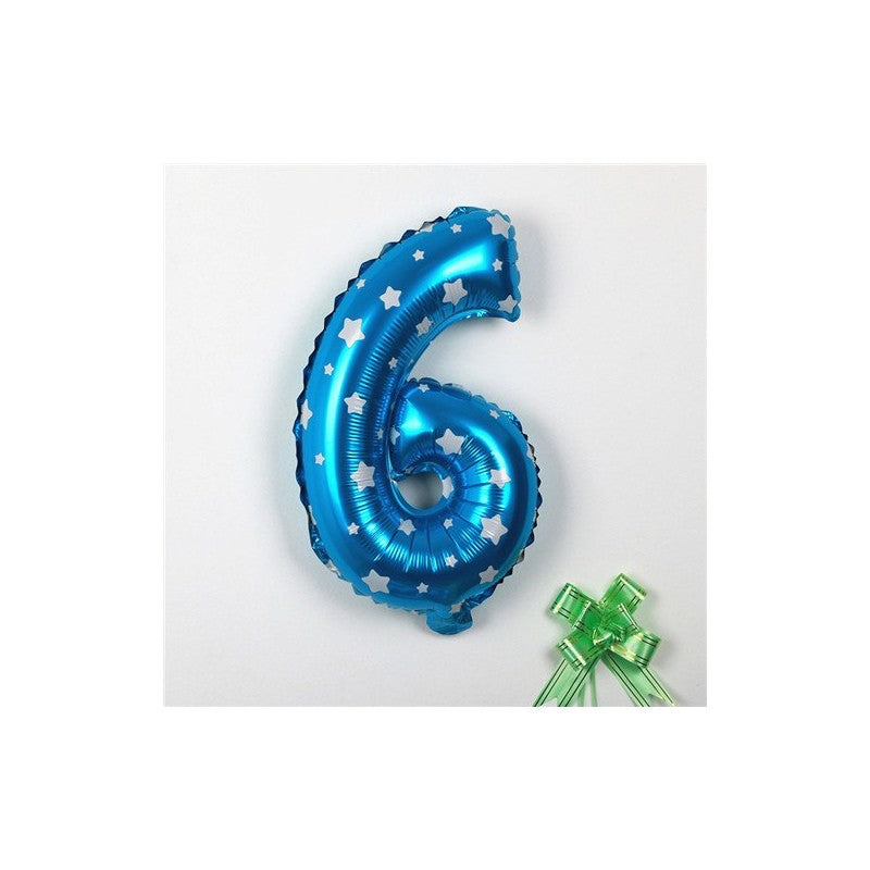 Balon din Folie Metalizata Klevo, Figurina Cifra, Imprimeu Stele, Tema Aniversare 80 cm, Ambalaj Individual, Pai inclus, Umflare cu Aer sau Heliu, Albastru, Cifra 6