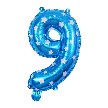 Balon din Folie Metalizata Klevo, Figurina Cifra, Imprimeu Stele, Tema Aniversare 80 cm, Ambalaj Individual, Pai inclus, Umflare cu Aer sau Heliu, Albastru, Cifra 9