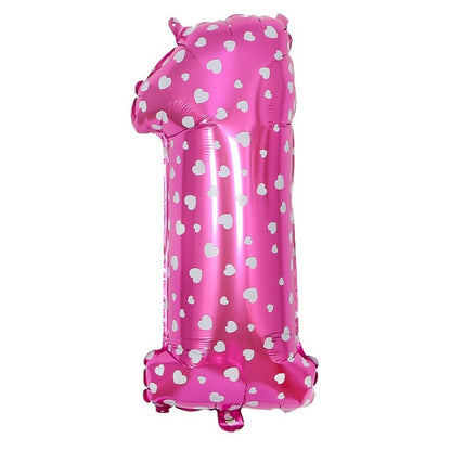 Balon din Folie Metalizata Klevo, Figurina Cifra, Imprimeu Inimi, Tema Aniversare 80 cm, Ambalaj Individual, Pai inclus, Umflare cu Aer sau Heliu, Roz, Cifra 1