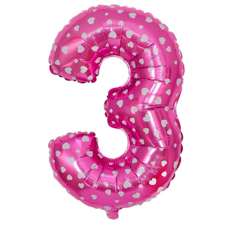 Balon din Folie Metalizata Klevo, Figurina Cifra, Imprimeu Inimi, Tema Aniversare 80 cm, Ambalaj Individual, Pai inclus, Umflare cu Aer sau Heliu, Roz, Cifra 3