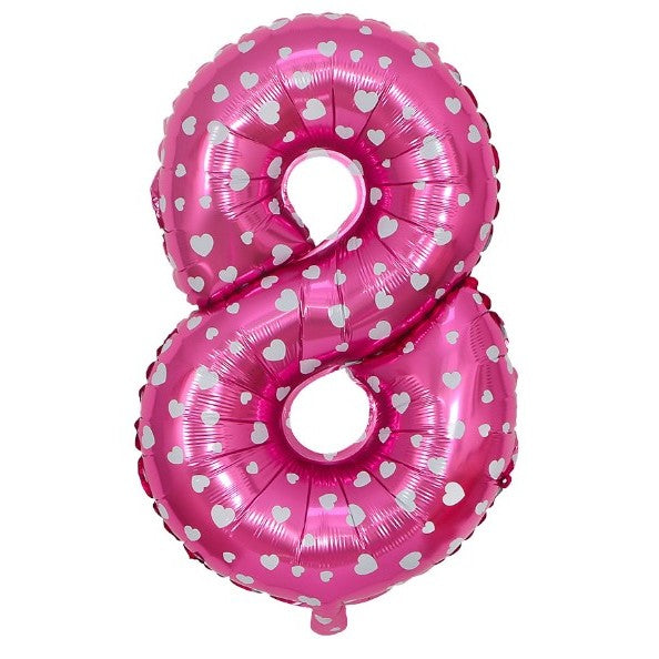 Balon din Folie Metalizata Klevo, Figurina Cifra, Imprimeu Inimi, Tema Aniversare 80 cm, Ambalaj Individual, Pai inclus, Umflare cu Aer sau Heliu, Roz, Cifra 8