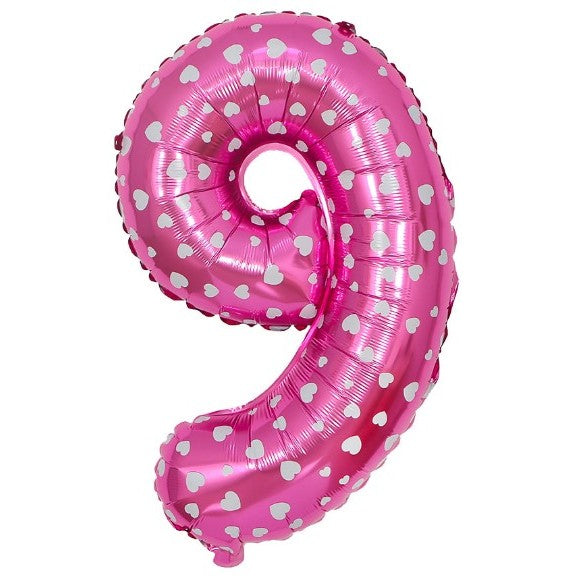 Balon din Folie Metalizata Klevo, Figurina Cifra, Imprimeu Inimi, Tema Aniversare 80 cm, Ambalaj Individual, Pai inclus, Umflare cu Aer sau Heliu, Roz, Cifra 9