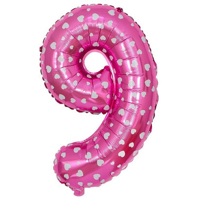 Balon din Folie Metalizata Klevo, Figurina Cifra, Imprimeu Inimi, Tema Aniversare 80 cm, Ambalaj Individual, Pai inclus, Umflare cu Aer sau Heliu, Roz, Cifra 9