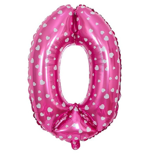 Balon din Folie Metalizata Klevo, Figurina Cifra, Imprimeu Inimi, Tema Aniversare 80 cm, Ambalaj Individual, Pai inclus, Umflare cu Aer sau Heliu, Roz, Cifra 0