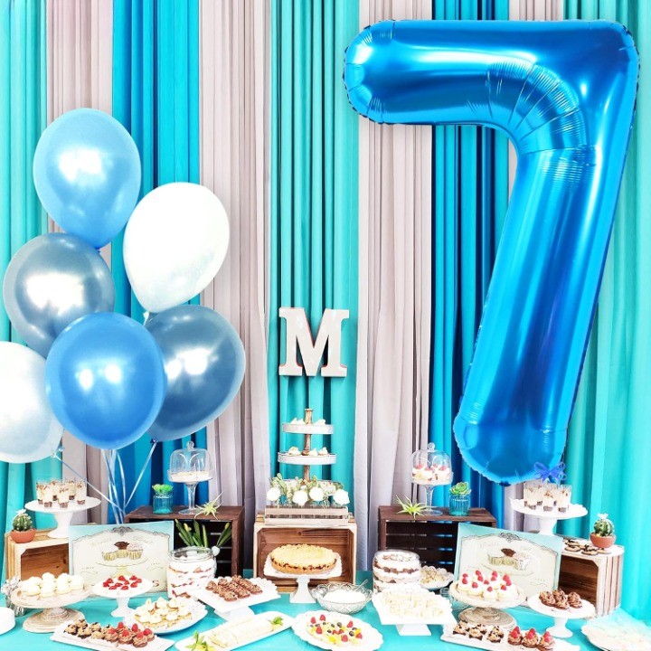 Balon din Folie Metalizata Klevo, Figurina Cifra, Tema Aniversare 40 cm, Ambalaj Individual, Pai inclus, Umflare cu Aer sau Heliu, Albastru, Cifra 7