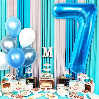 Balon din Folie Metalizata Klevo, Figurina Cifra, Tema Aniversare 40 cm, Ambalaj Individual, Pai inclus, Umflare cu Aer sau Heliu, Albastru, Cifra 7