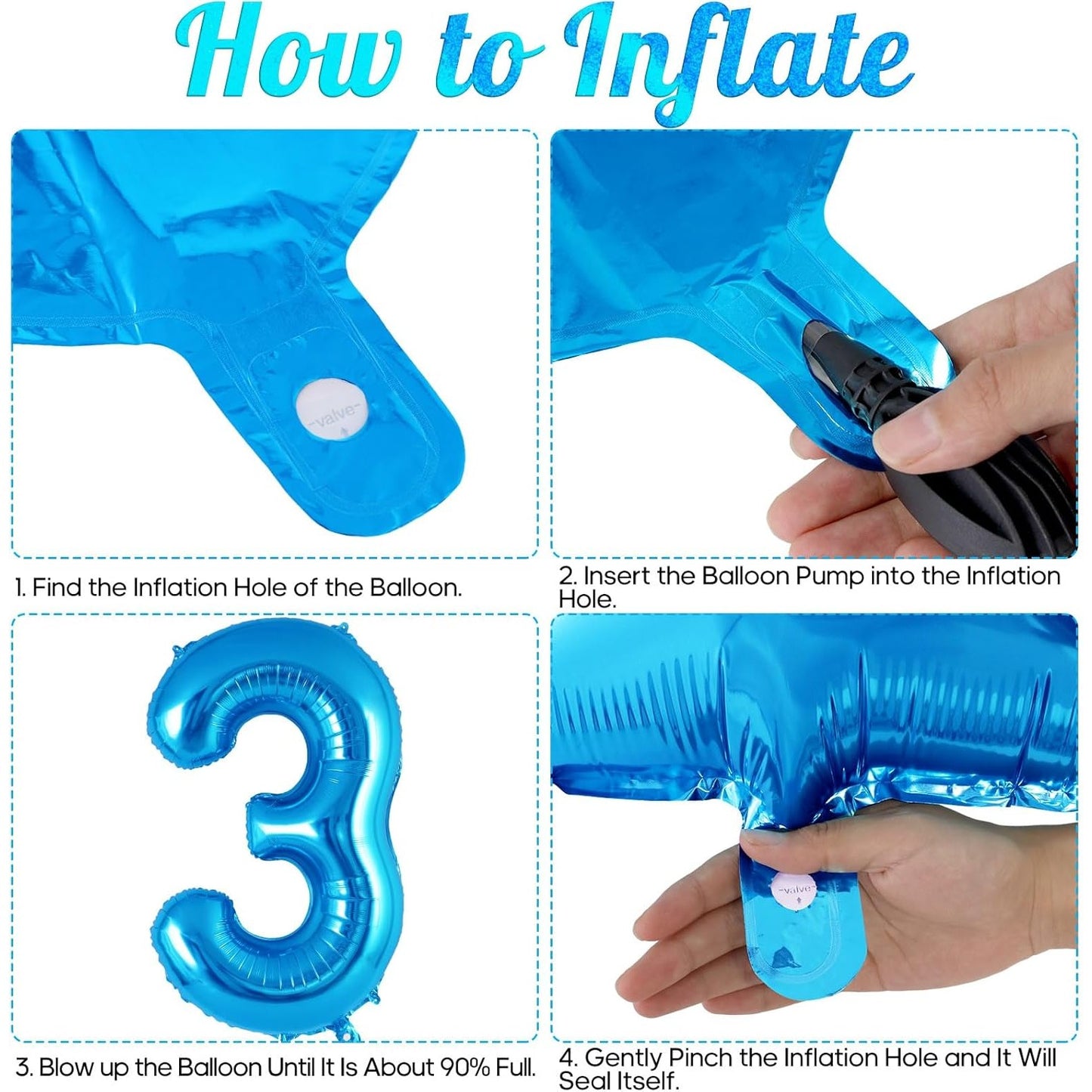 Balon din Folie Metalizata Klevo, Figurina Cifra, Tema Aniversare 40 cm, Ambalaj Individual, Pai inclus, Umflare cu Aer sau Heliu, Albastru, Cifra 3