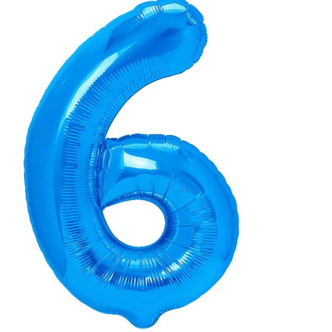 Balon din Folie Metalizata Klevo, Figurina Cifra, Tema Aniversare 40 cm, Ambalaj Individual, Pai inclus, Umflare cu Aer sau Heliu, Albastru, Cifra 6